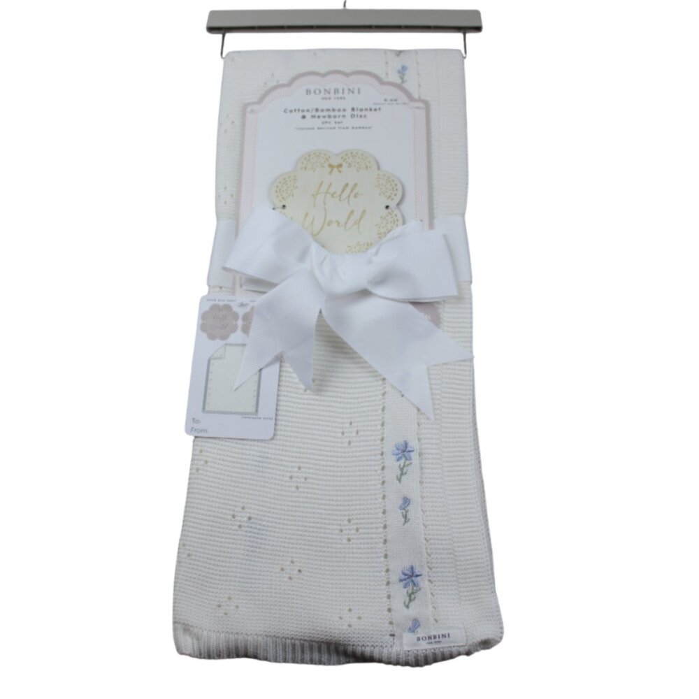 Bonbini NY Ivory Knit Blue Flower Embroidered Baby Blanket Infant Girls NWT RARE